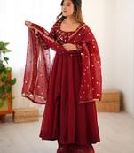 Maroon festive wear designer crunchy silk embroidery work readymade suit