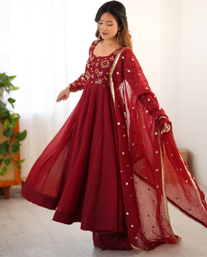 Maroon festive wear designer crunchy silk embroidery work readymade suit