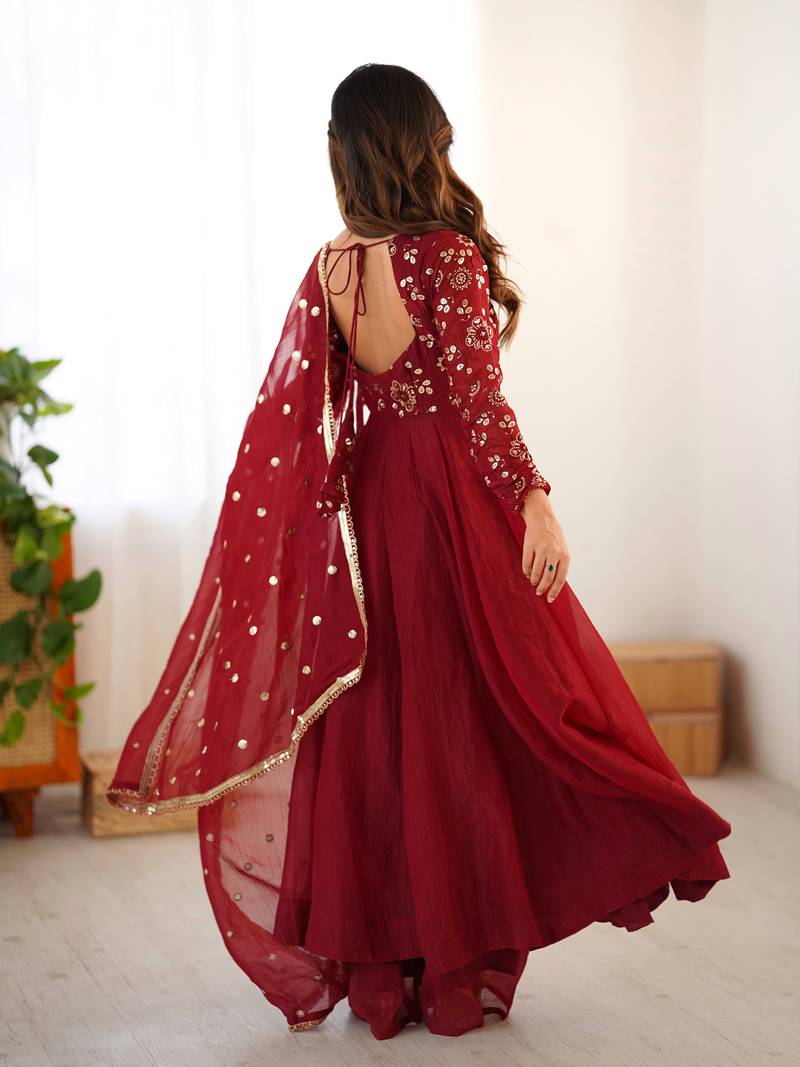 Maroon festive wear designer crunchy silk embroidery work readymade suit