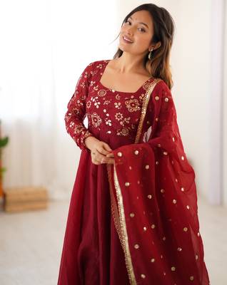 Maroon festive wear designer crunchy silk embroidery work readymade suit 4