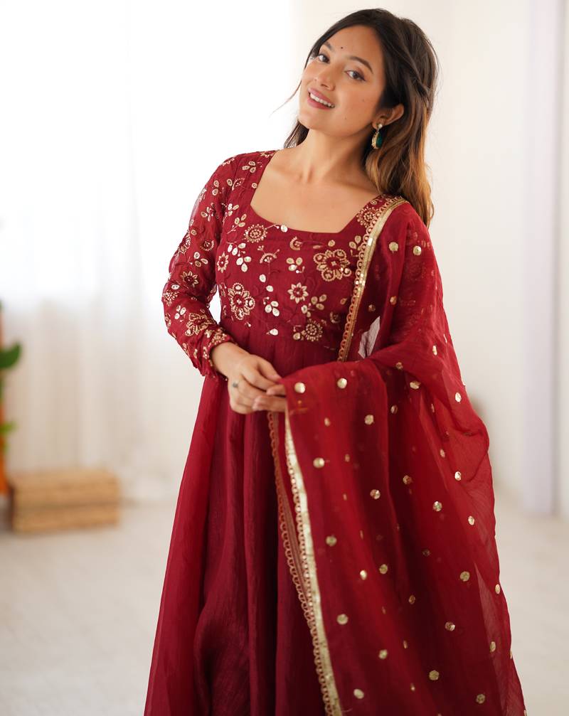 Maroon festive wear designer crunchy silk embroidery work readymade suit