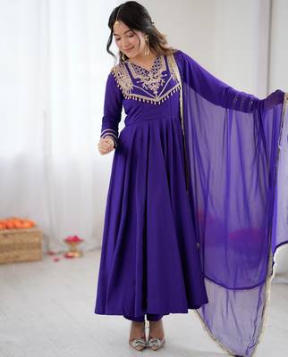 Purple festive wear designer roman silk codding work readymade suit 1