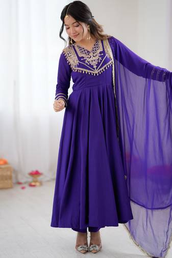 Purple festive wear designer roman silk codding work readymade suit