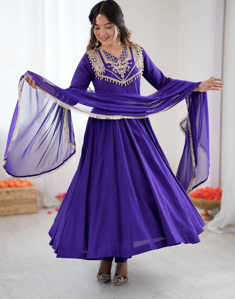 Purple festive wear designer roman silk codding work readymade suit