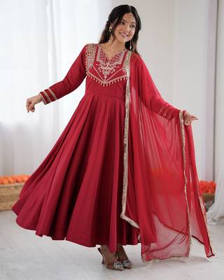 Maroon festive wear designer roman silk codding work readymade suit 1