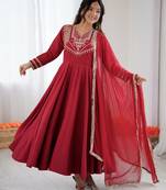 Maroon festive wear designer roman silk codding work readymade suit
