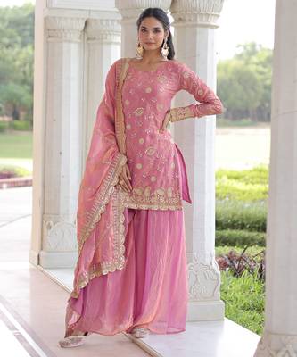 Pink festive wear designer fendy silk sequins embroidered work readymade suit 1