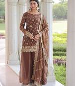 Coffee festive wear designer fendy silk sequins embroidered work readymade suit