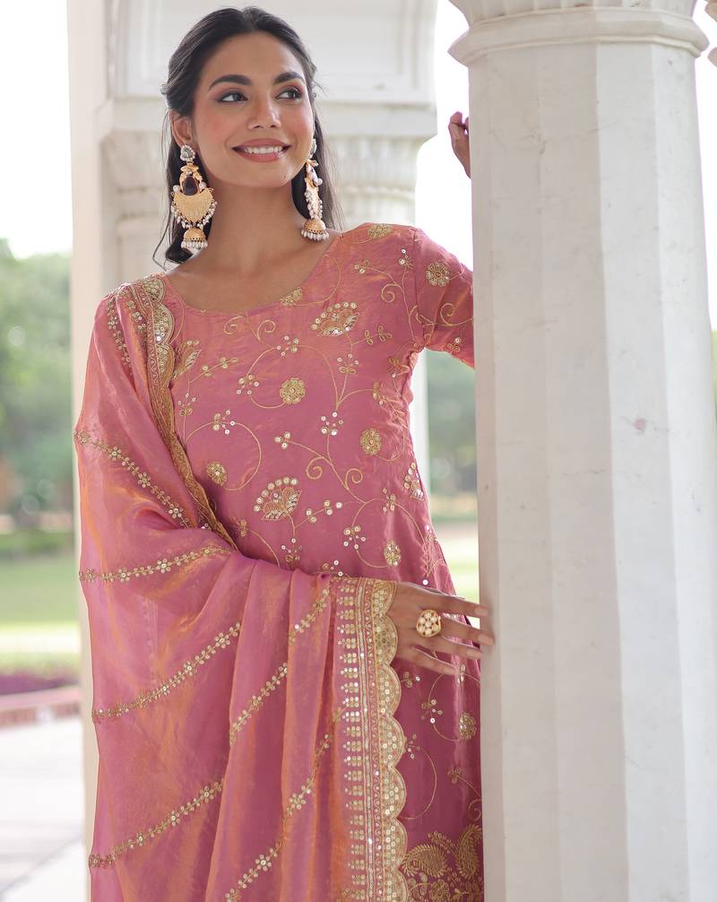 Pink festive wear designer fendy silk sequins embroidered work readymade suit