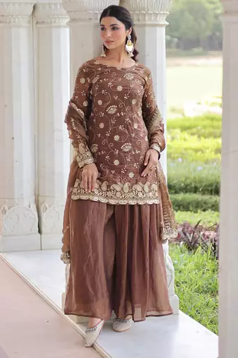 Coffee festive wear designer fendy silk sequins embroidered work readymade suit
