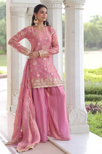 Pink festive wear designer fendy silk sequins embroidered work readymade suit