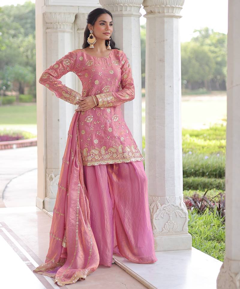 Pink festive wear designer fendy silk sequins embroidered work readymade suit