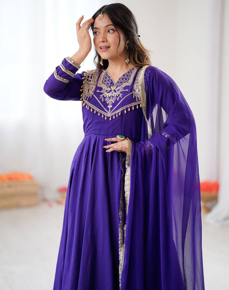 Purple festive wear designer roman silk codding work readymade suit
