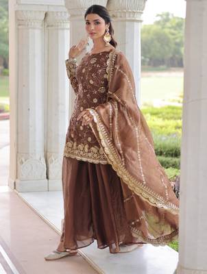 Coffee festive wear designer fendy silk sequins embroidered work readymade suit 3