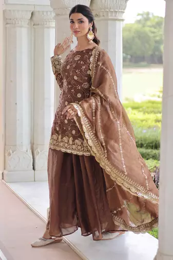 Coffee festive wear designer fendy silk sequins embroidered work readymade suit