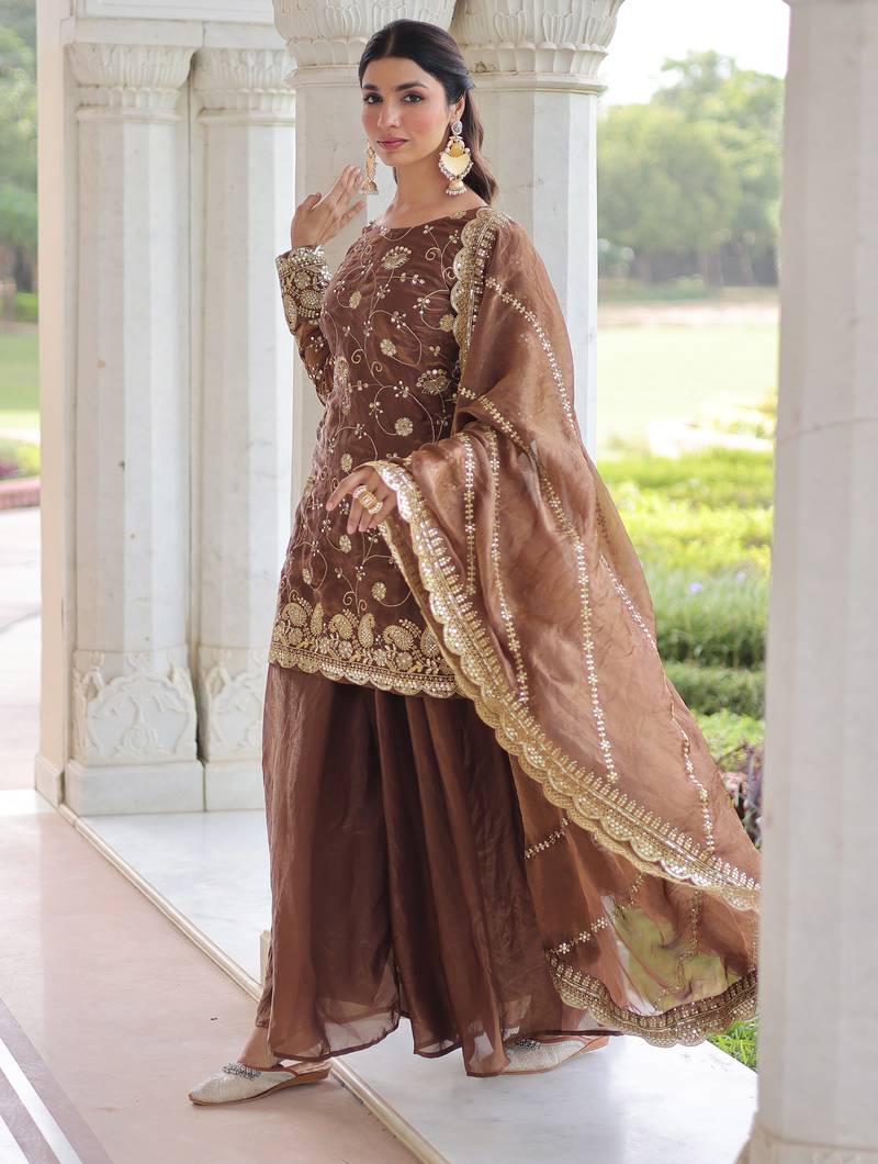 Coffee festive wear designer fendy silk sequins embroidered work readymade suit