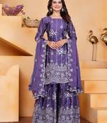 Purple festive wear designer chinon sequence embroidery work readymade suit