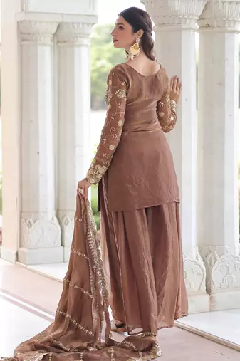 Coffee festive wear designer fendy silk sequins embroidered work readymade suit
