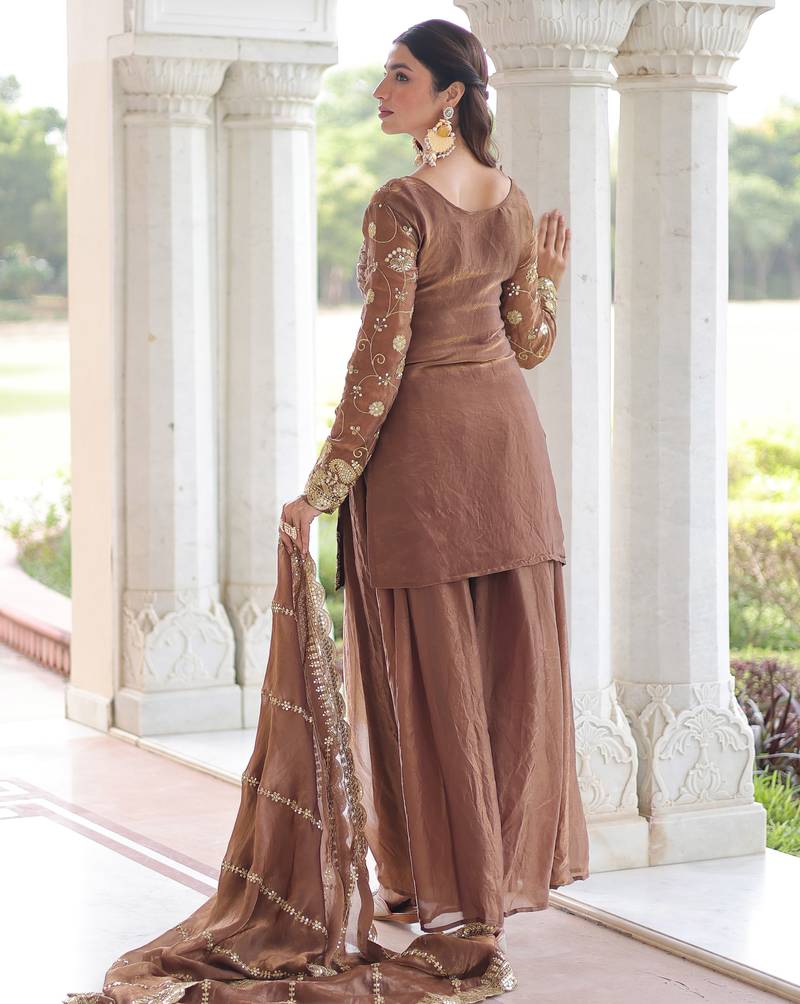 Coffee festive wear designer fendy silk sequins embroidered work readymade suit