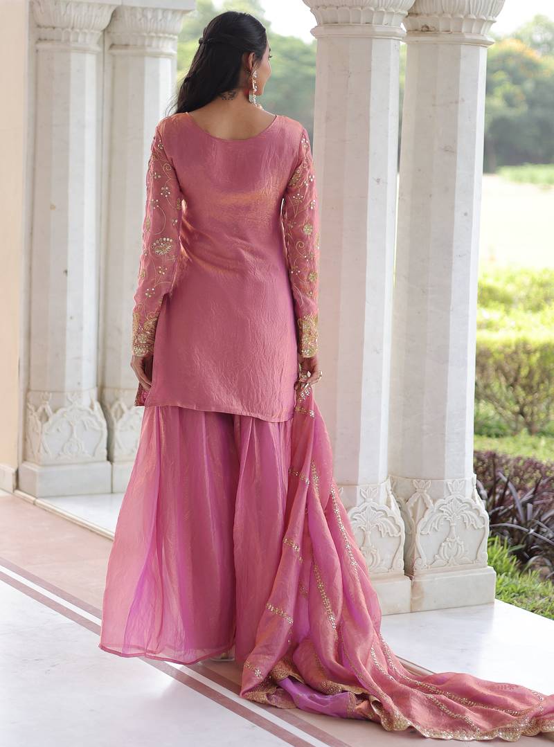 Pink festive wear designer fendy silk sequins embroidered work readymade suit
