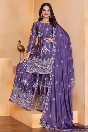 Purple festive wear designer chinon sequence embroidery work readymade suit