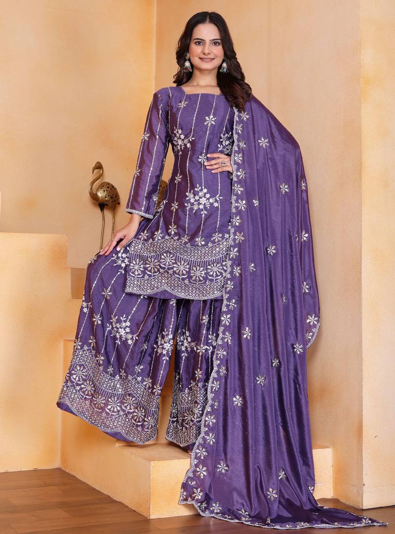 Purple festive wear designer chinon sequence embroidery work readymade suit