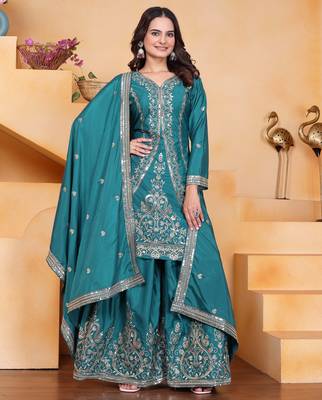 Teal festive wear designer natural crepe sequence embroidery work readymade suit 1
