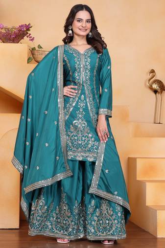 Teal festive wear designer natural crepe sequence embroidery work readymade suit
