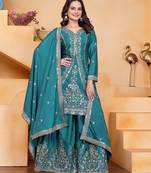 Teal festive wear designer natural crepe sequence embroidery work readymade suit