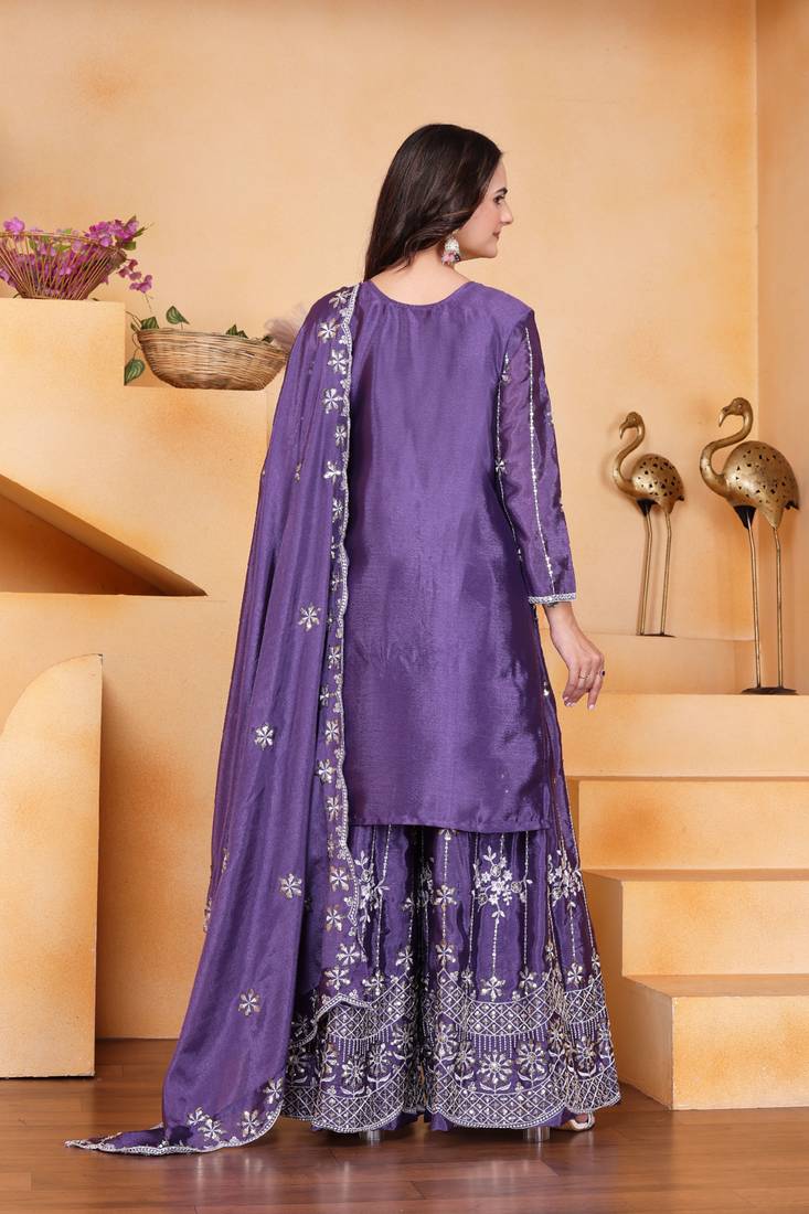 Purple festive wear designer chinon sequence embroidery work readymade suit