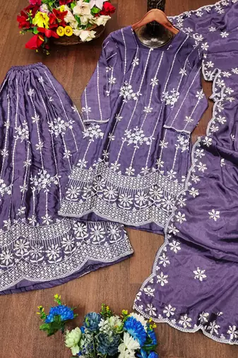 Purple festive wear designer chinon sequence embroidery work readymade suit