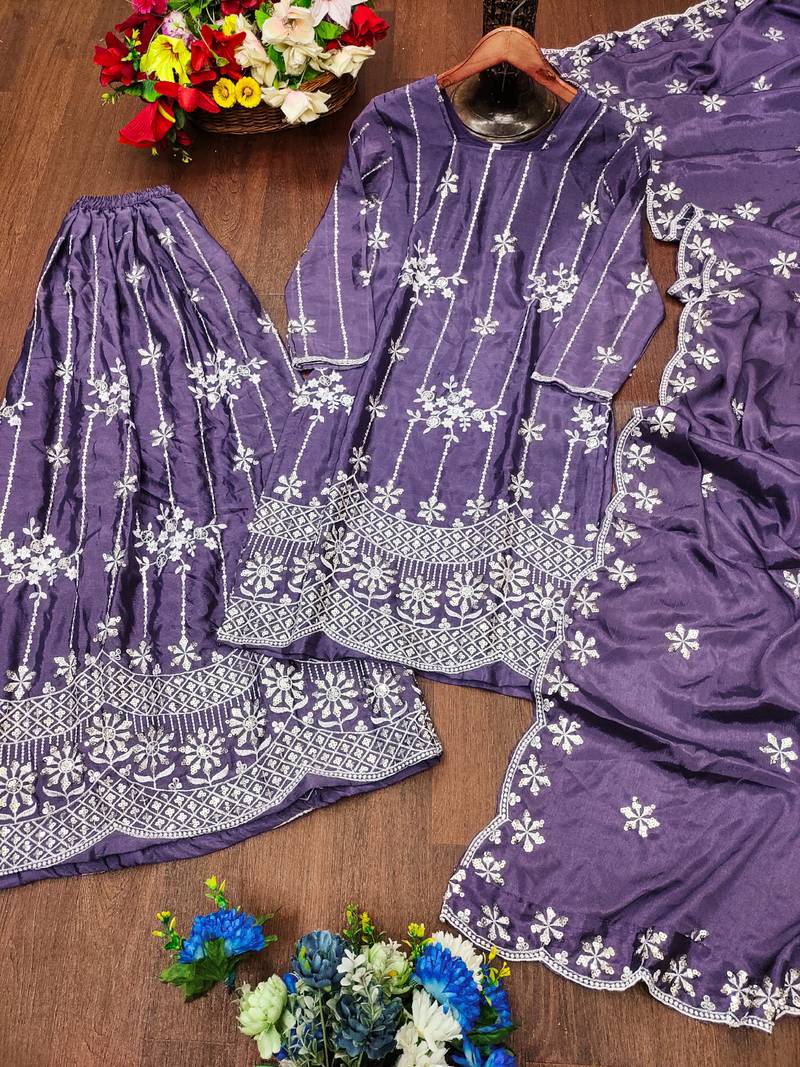 Purple festive wear designer chinon sequence embroidery work readymade suit