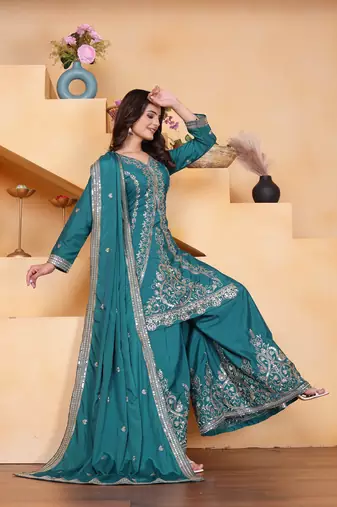 Teal festive wear designer natural crepe sequence embroidery work readymade suit