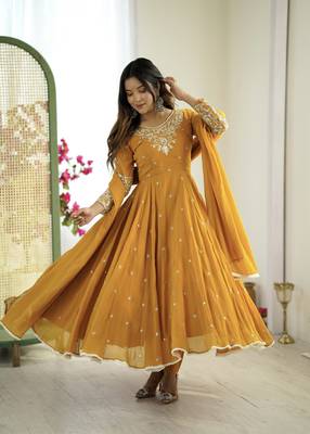 Yellow festive wear designer heavy blooming faux georgette heavy embroidery sequence with moti work readymade suit 1