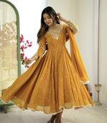 Yellow festive wear designer heavy blooming faux georgette heavy embroidery sequence with moti work readymade suit