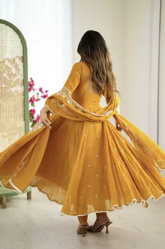 Yellow festive wear designer heavy blooming faux georgette heavy embroidery sequence with moti work readymade suit