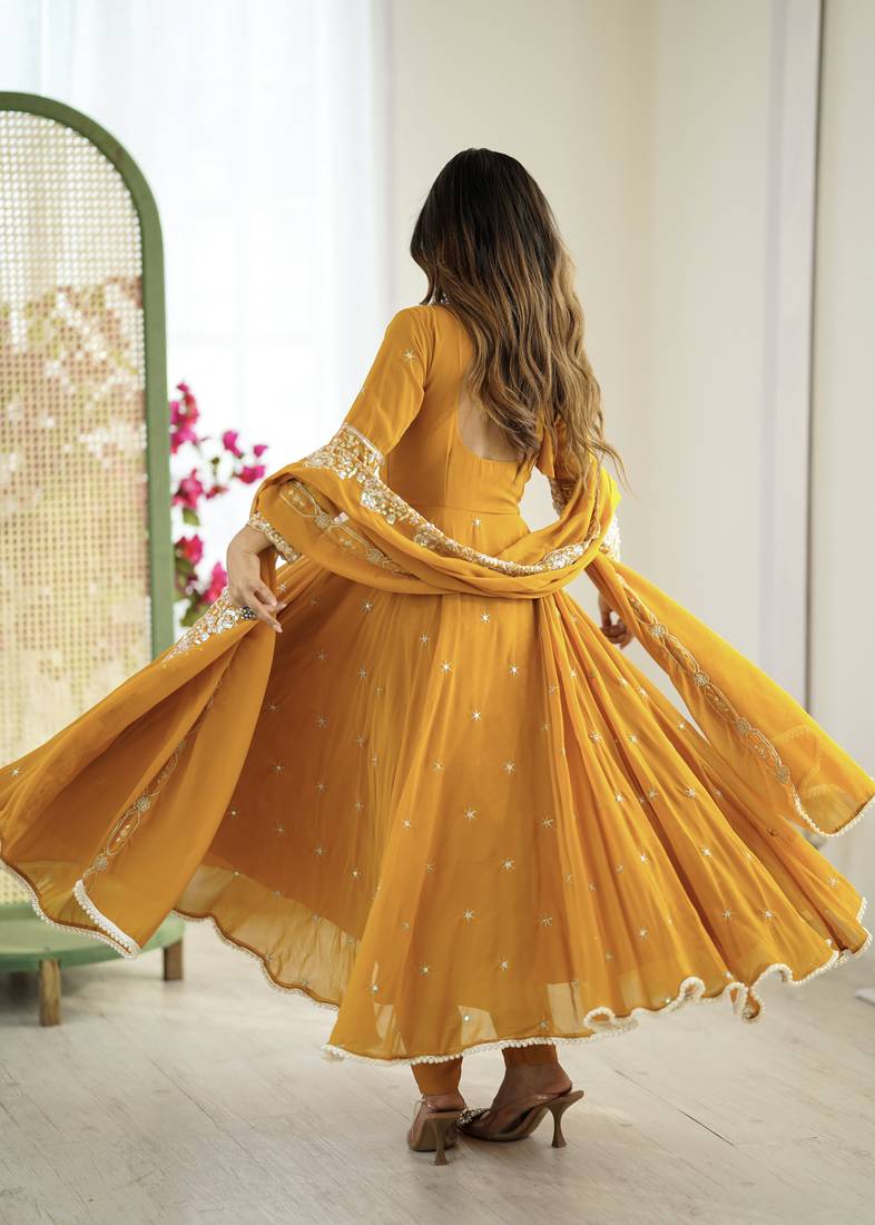 Yellow festive wear designer heavy blooming faux georgette heavy embroidery sequence with moti work readymade suit
