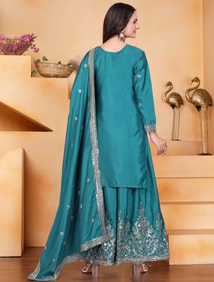 Teal festive wear designer natural crepe sequence embroidery work readymade suit 3