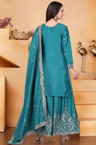 Teal festive wear designer natural crepe sequence embroidery work readymade suit