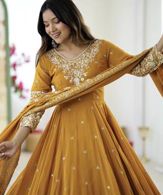 Yellow festive wear designer heavy blooming faux georgette heavy embroidery sequence with moti work readymade suit 3