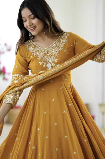 Yellow festive wear designer heavy blooming faux georgette heavy embroidery sequence with moti work readymade suit