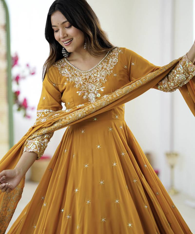 Yellow festive wear designer heavy blooming faux georgette heavy embroidery sequence with moti work readymade suit