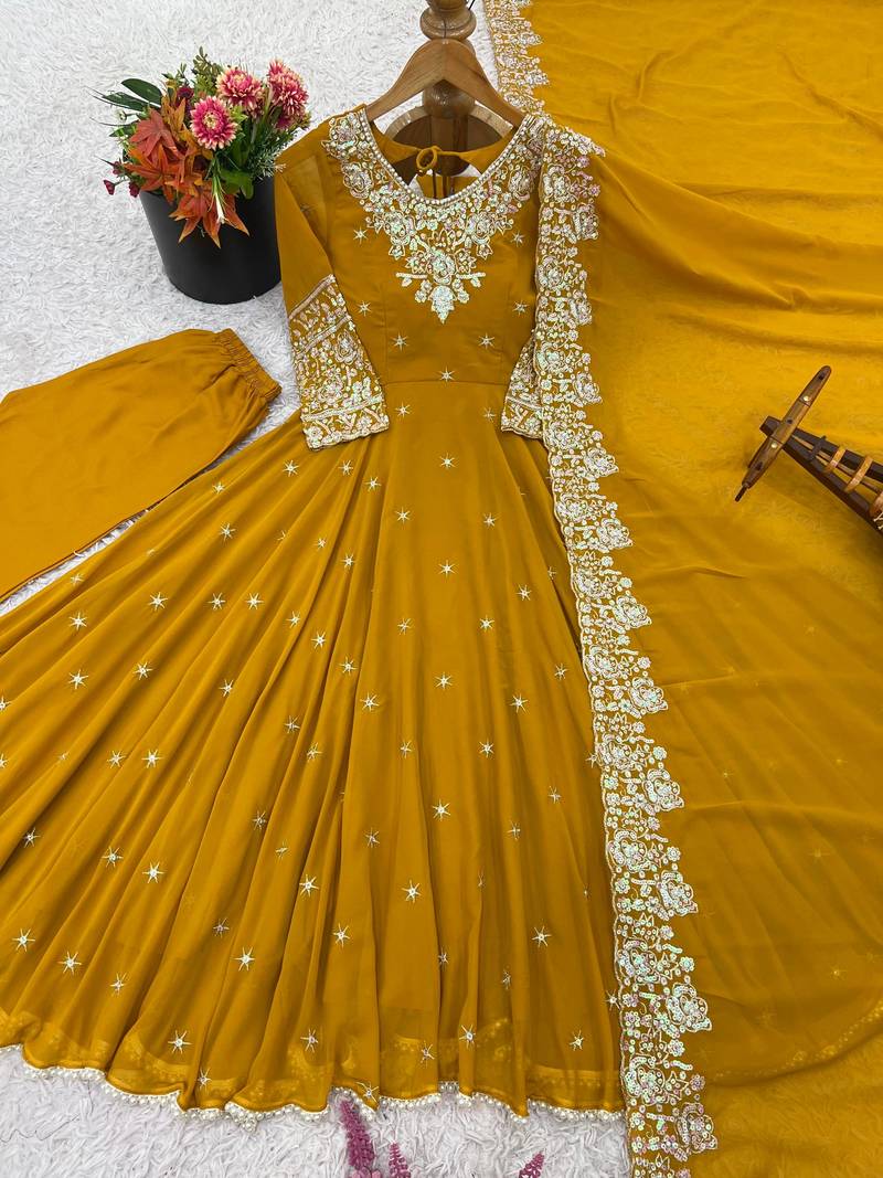 Yellow festive wear designer heavy blooming faux georgette heavy embroidery sequence with moti work readymade suit