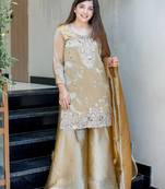 Beige festive wear designer pure jimmy choo silk embroidery sequence work readymade suit