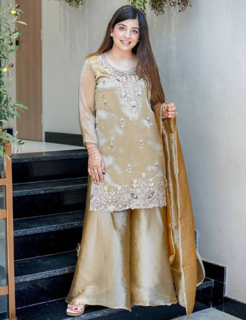 Beige festive wear designer pure jimmy choo silk embroidery sequence work readymade suit