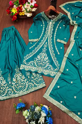 Teal festive wear designer natural crepe sequence embroidery work readymade suit