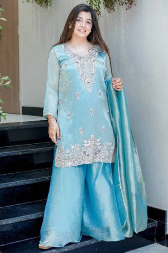 Sky blue festive wear designer pure jimmy choo silk embroidery sequence work readymade suit