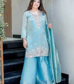 Sky blue festive wear designer pure jimmy choo silk embroidery sequence work readymade suit