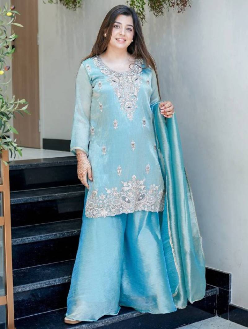 Sky blue festive wear designer pure jimmy choo silk embroidery sequence work readymade suit