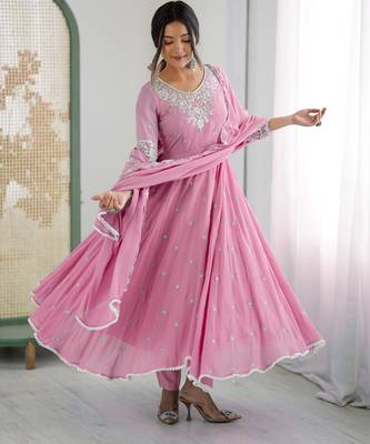 Pink festive wear designer heavy blooming faux georgette embroidery sequence with moti work readymade suit 1